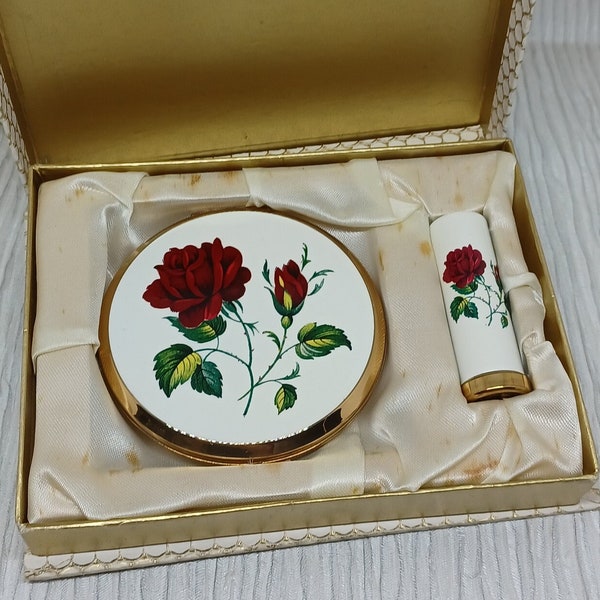 Stratton Cachette Powder Compact & Lipstick Boxed Set ~ White Enamel with Red Roses ~ Vintage Mid Century