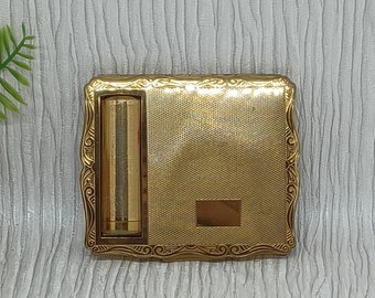 Stratton Empress Compact Case and Lipstick Duo ~ Gold Tone with Engine Turned Circles ~ Mid Century 1950s