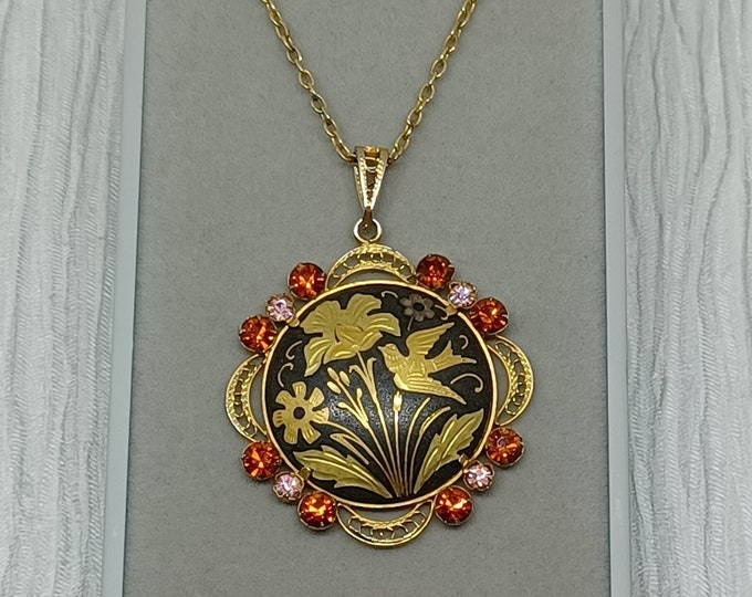 Damascene Necklace ~ With Orange & Pink Gemstones and a Gold Bird and Flowers In Filigree Border ~ Vintage Damascene Pendant ~ Spanish Spain