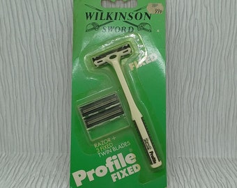 Vintage Wilkinson Sword Profil Rasiermesser und Doppelklinge ~ NOS ~ Auf Karte in Blisterverpackung ~ Unbenutzt