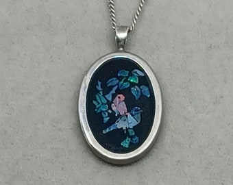 Sterling Silver Necklace with Butterfly Wing Birds ~ Vintage Oval Iridescent Pendant (A7)