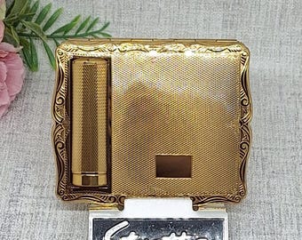 Lápiz labial compacto Stratton Empress ~ Grabado guilloché con cartucho vacío ~ Mediados del siglo XX, década de 1950
