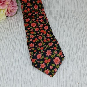 Vintage 1960s Neck Tie with Pink Flowers on Black ~ Flower Power