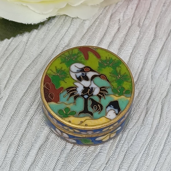 Cloisonné Pill Box ~ Crane Birds and Trees ~ Blue Green White