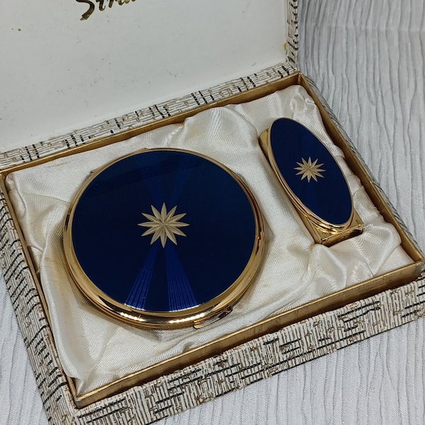 Stratton Compact & Lipstick Case Gift Set in Blue with a Gold Starburst ~ vintage Mid Century Convertible Compact and Lipstick Boxed Set