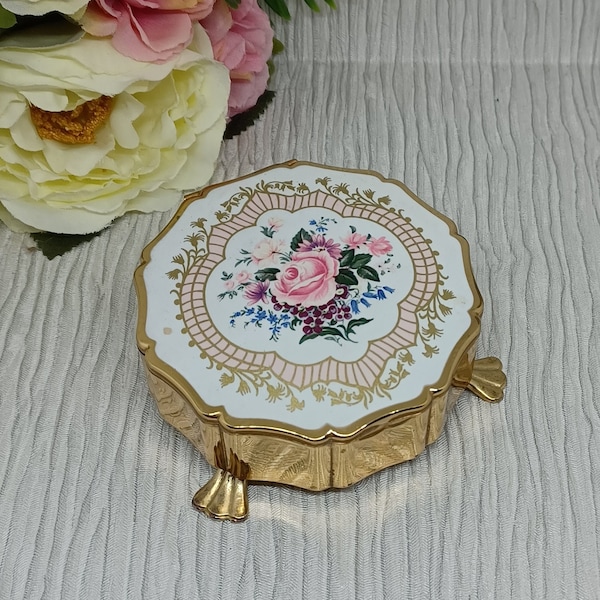 Stratton Trinket Box or Jewellery Box ~ White Enamel with a Pink and Gold Border Around a Pink Rose and Flowers