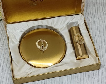 Mascot ASB Compact & Lipstick Gift Set in Gold Tone ~ For Solid Powder ~ Vintage Mid Century in Original Box