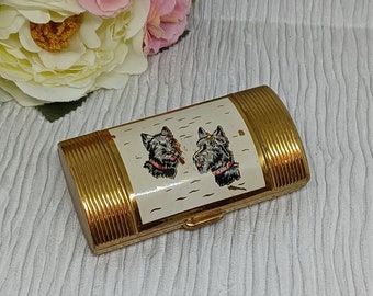 Zigarettenetui ~ Gold mit Scottie-Hunden auf weißer Emaille ~ Fassform ~ Mid Century Lippenstifthalter ~ Scottish Highland Terrier