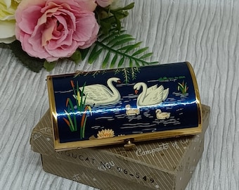 Kigu Cigarette Case with Swans and Reeds on Blue enamel in a Barrel Shape  ~ Mid Century 1960s Lipstick Holder ~ In Original Box