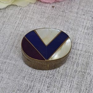 Brass Pill box ~ Mother of Pearl Lid with Blue & Purple