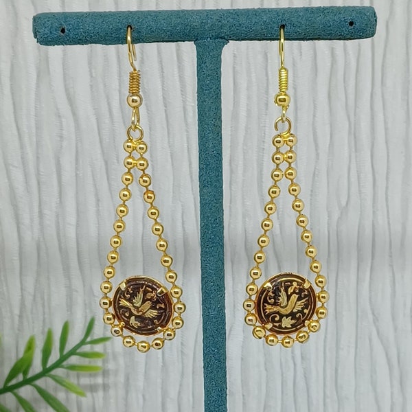 Toledo Damascene Drop Earrings with Birds and Flowers ~ Vintage Gold Tone Earring