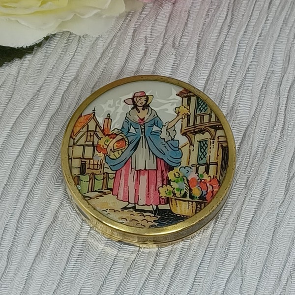 Powder Compact with a Lady Buying Flowers ~ Vintage Mirror ~ 18th Century Girl