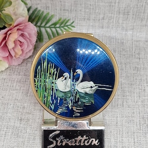 Stratton Compact ~ Blue with Swans on Water ~ 1960s