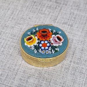 Micro Mosaic Pill Box ~ Turquoise Blue with Red Yellow Purple & White Flowers
