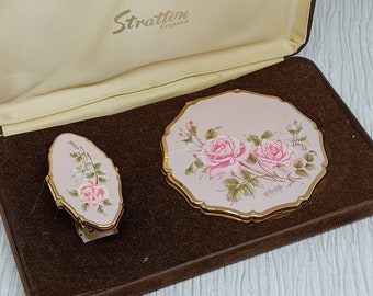 Vintage Stratton Powder Compact and Lipview Set in Pale Pink Enamel with Pink Roses and Buds