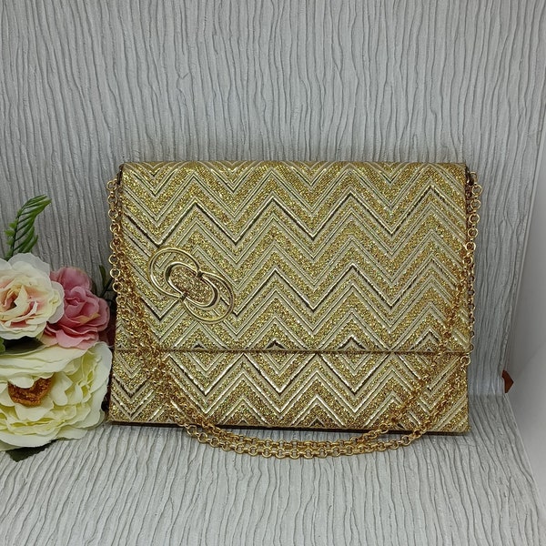 Gold Lamé Purse with Zig-zag Pattern ~ Gold Lame Handbag with Chain Handle