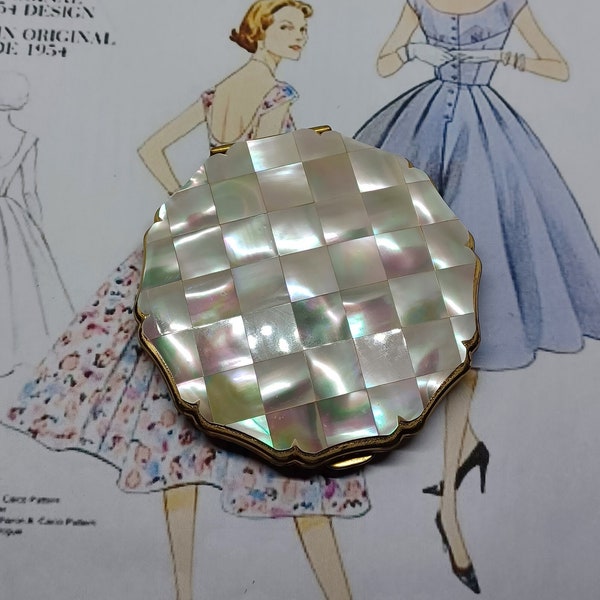Stratton Queen Compact with Mother of Pearl Tile Top and Gold Tone Metal ~ Vintage Convertible Compact Mirror