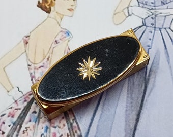 Stratton Lipstick Case in Gold Tone with Black Enamel and an Engraved Starburst ~ Mid Century Pop-up Lipstick Mirror