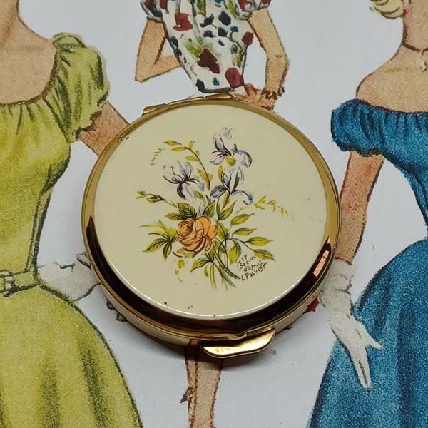 Stratton Pill Box Yellow Cream Enamel with Flowers and Leaves ~ Vintage Mini Box ~ Rose and Irises