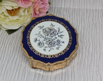 Stratton Trinket Box or Jewellery Box in Gold Tone Metal ~ Blue and White Enamel Lid with Blue Roses and Flowers