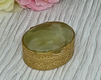 Pill Box with Green Onyx Stone Lid ~ Vintage Oval Pill Pot