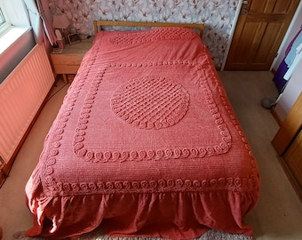 Vintage Pink Candlewick Bedspread ~  Double Bed Size with Valance Sides