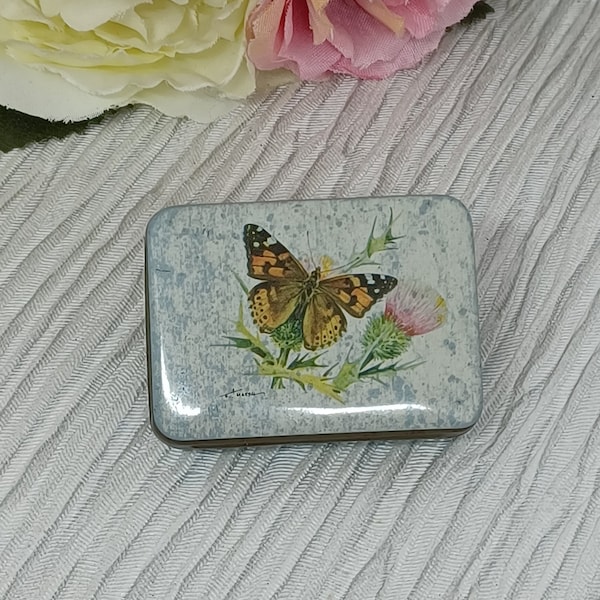 Small Tin with a Butterfly and Thistle on the Lid ~ Sweets Mints Tin ~ Pill Box