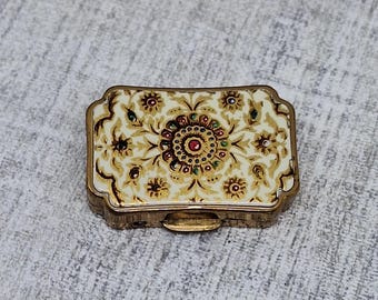 Pastillero Stratton ~ Esmalte blanco decorado con un patrón floral dorado ~ Diseño de joya