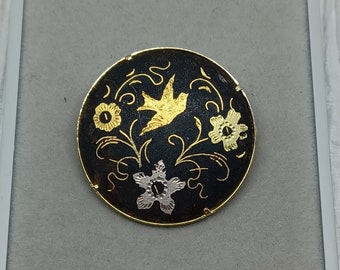 Damascene Brooch in Gold Tone with a Gold Bird and Gold & Silver Flowers