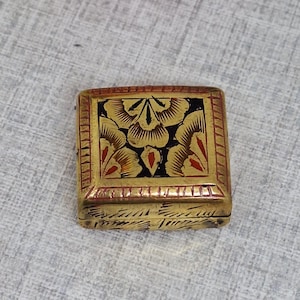 Pill box ~ Brass with Black & Red Enamel ~ Snuff Box