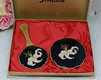 Stratton Powder Compact and Hand Mirror Set ~ Black with a White & Pink Lily ~ Vintage 1960s 1970s