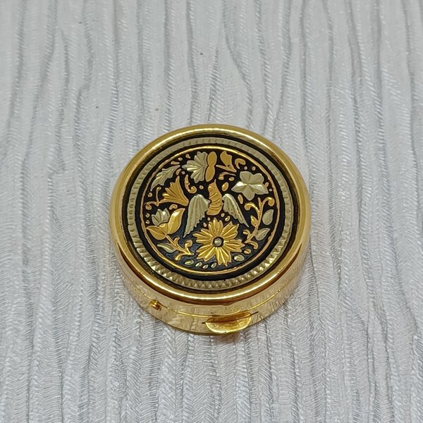 Damascene Pill Box ~ Gold Tone with a Gold Bird and Flowers ~ Small Vitamin Container