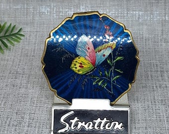 Stratton 'Princess' Compact ~ Blue Enamel with a Butterfly and Flowers