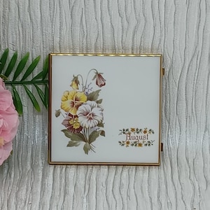 Miroir de courtoisie double ~ Blanc avec pensées et « August » ~ Mini miroir pour sac à main