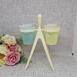 Tupperware Cruet Set on a Cream Stand ~ Atomic Salt & Pepper Pots ~ Vintage 1960s ~ Millionaire Line ~ Blue Yellow