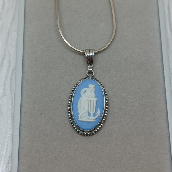 Wedgwood Blue Jasperware Sterling Silver Cameo Pendant Necklace ~ Hope & Anchor ~ Vintage Jewellery ~ 1969