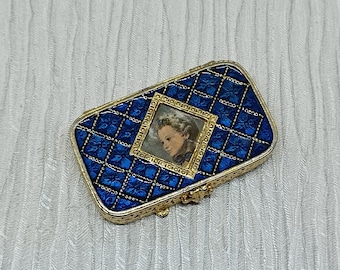 Vintage Estee Lauder Solid Perfume Compact ~ Marie Antoinette on Colbalt Blue Enamel Lid ~ Pill Box ~ Trinket Box ~ Empty - 1973