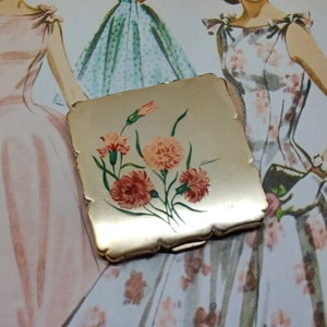 Cipria compatta Stratton Royale ~ Color argento con garofani rosa ~ Vintage anni '50 ~ Cipria compatta quadrata