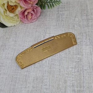 Vintage Kigu Comb Case and Comb in Gilt Engine Turned with Floral Border ~ 1960s ~ Gold Tone