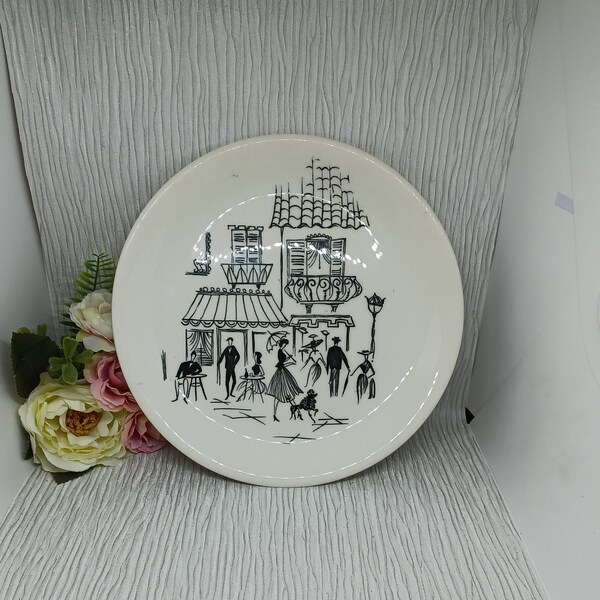 Alfred Meakin Dinner Plate with Parisienne Scene in Black ~ French Poodle Cafe Street ~ 1950s