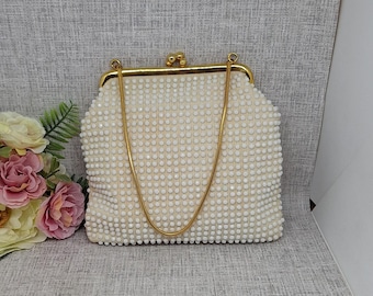 White Beaded Purse with a Chain Handle ~ Vintage Mid Century