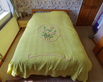 Vintage Yellow Candlewick Bedspread with Pink & Green Flowers ~  Double Bed Size