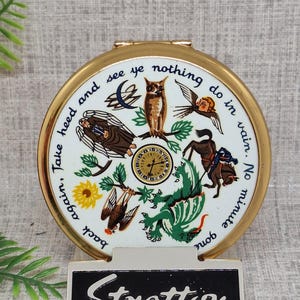 Stratton Compact ~ The Liberty Clock  ~ White with Dragon Owl Horse  ~ 1970s