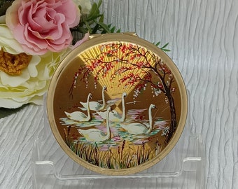 Stratton Convertible Compact ~ Gold Tone with Swans Under a Blossom Tree, Vintage Mid Century Powder Compact