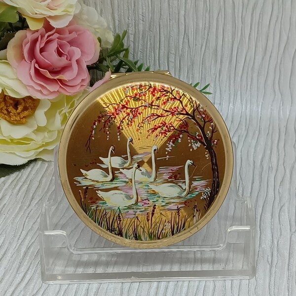 Stratton Convertible Compact ~ Gold Tone with Swans Under a Blossom Tree, Vintage Mid Century Powder Compact