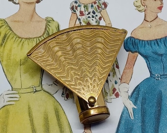 Stratton Fan Shaped Lipstick Holder ~ Gold Tone with Wavy Lines Patter ~ Vintage Vanity Mirror