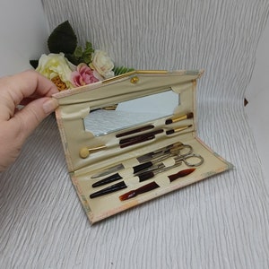 Make-up Brush & Manicure Set with Mirror in Wallet Style Case ~ Cosmetic Vanity Set