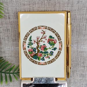 Ensemble bloc-notes et stylos Stratton en émail blanc avec motif arbre indien ~ Carnet de poche