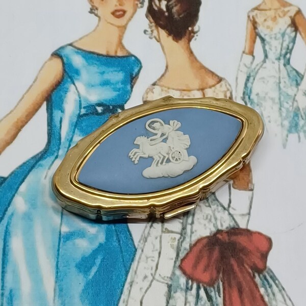 Stratton Wedgwood Blue Jasperware Pill Box ~ Aurora and Her Chariot ~ Vintage Wedgwood Mini Box 1970s