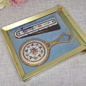 Stratton Hand Mirror and Comb Set in White with Flowers in a Blue & Gold Border ~ In Original Box ~ China Design